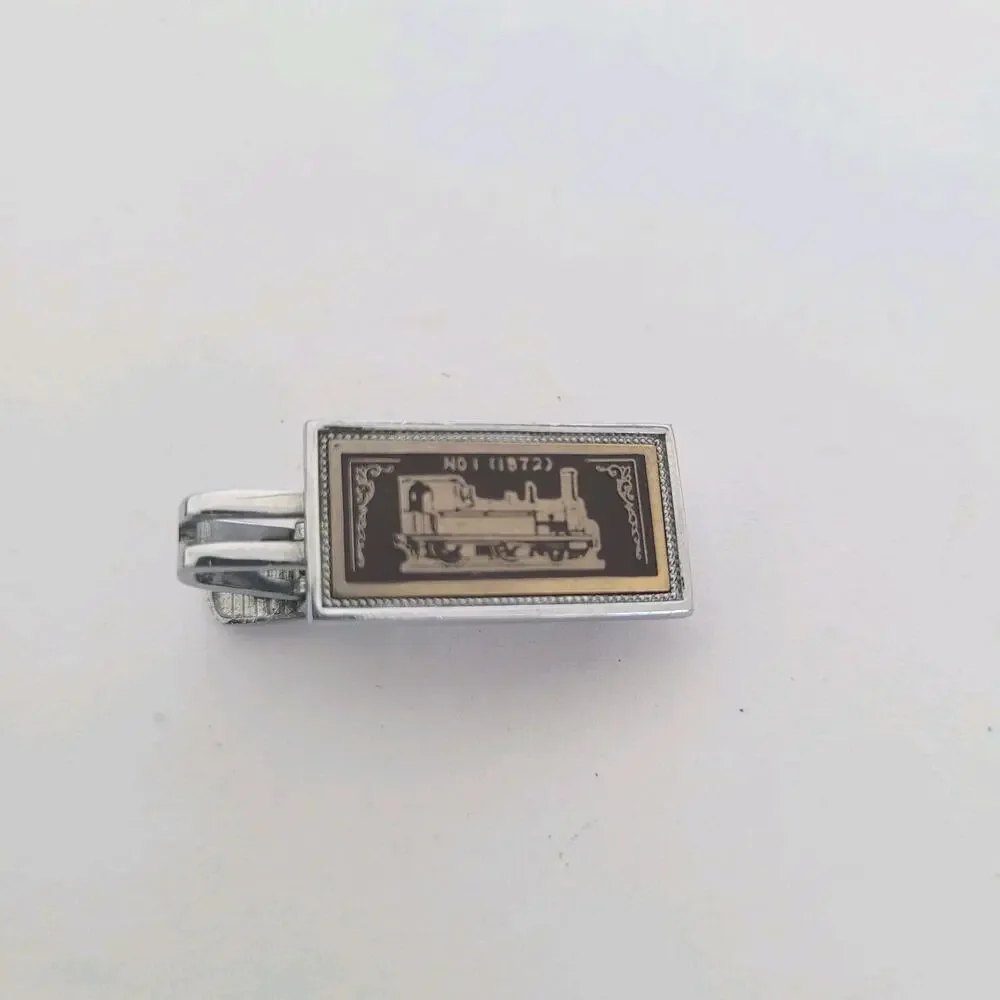 Locomotive Retro Silver Tone Tie Bar Clip Tac Clasp Rectangle Vintage Small